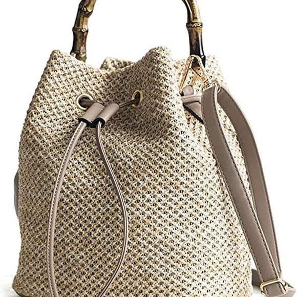 Straw Bucket Bag for Women Top Handle Drawstring Woven Handbag Shoulder Summer B - Picture 2 of 9